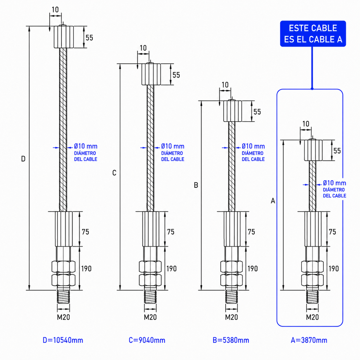 Cable de Acero A para Elevador de 4 Columnas | Ø10 mm – 3870 mm