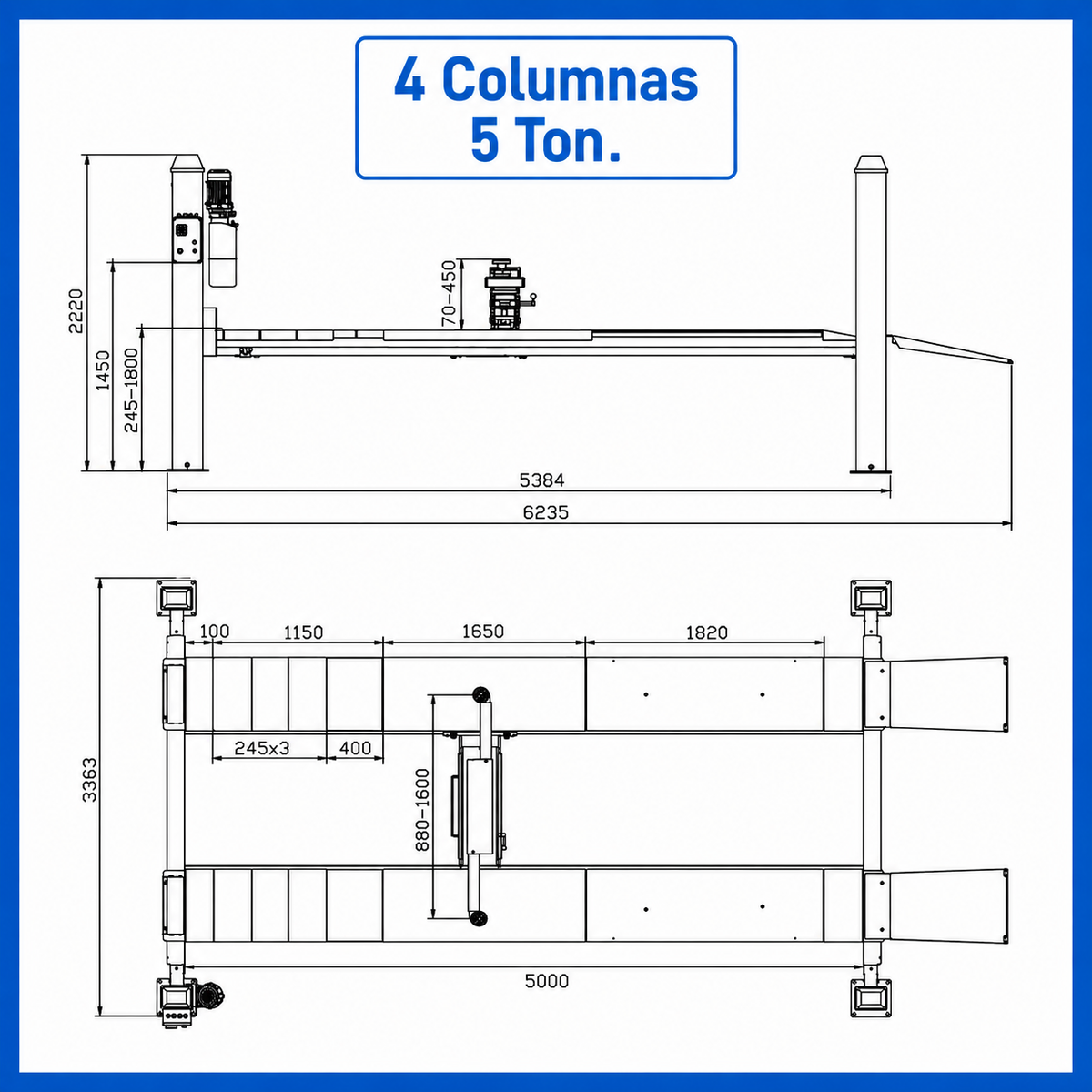 Elevador 4 columnas automático 5000 kg alineación 230V con gato central