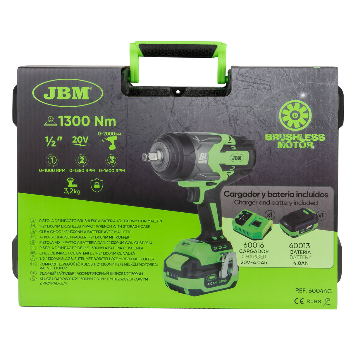 Pistola de Impacto Brushless a Batería 1/2" 1300 Nm 20V con Batería, Cargador y Maletín
