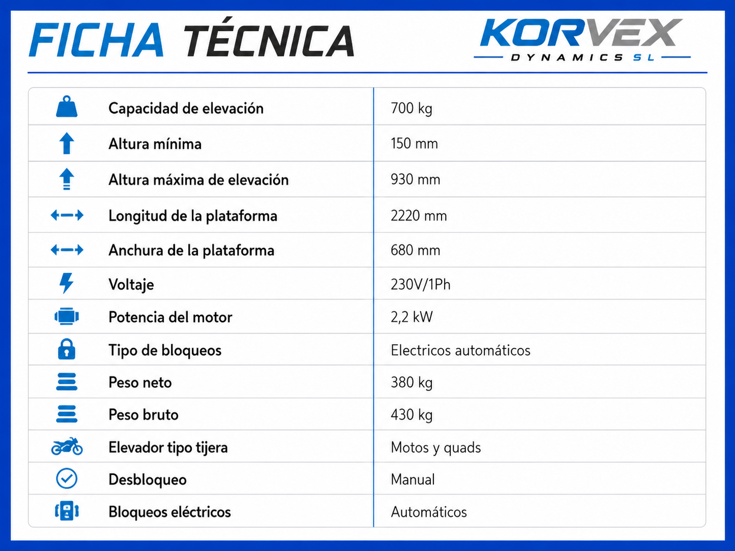 Elevador de Motos 700 kg Automático Profesional 230V | Korvex Dynamics