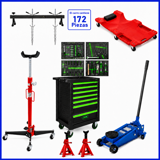 Lote Taller Pro: carro 172 piezas + gato 3 T + caballetes + equipamiento