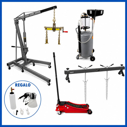 Lote Kadyak – Grúa Motor con Nivelador + Gato + soporte Motor y Recogedor de Aceite