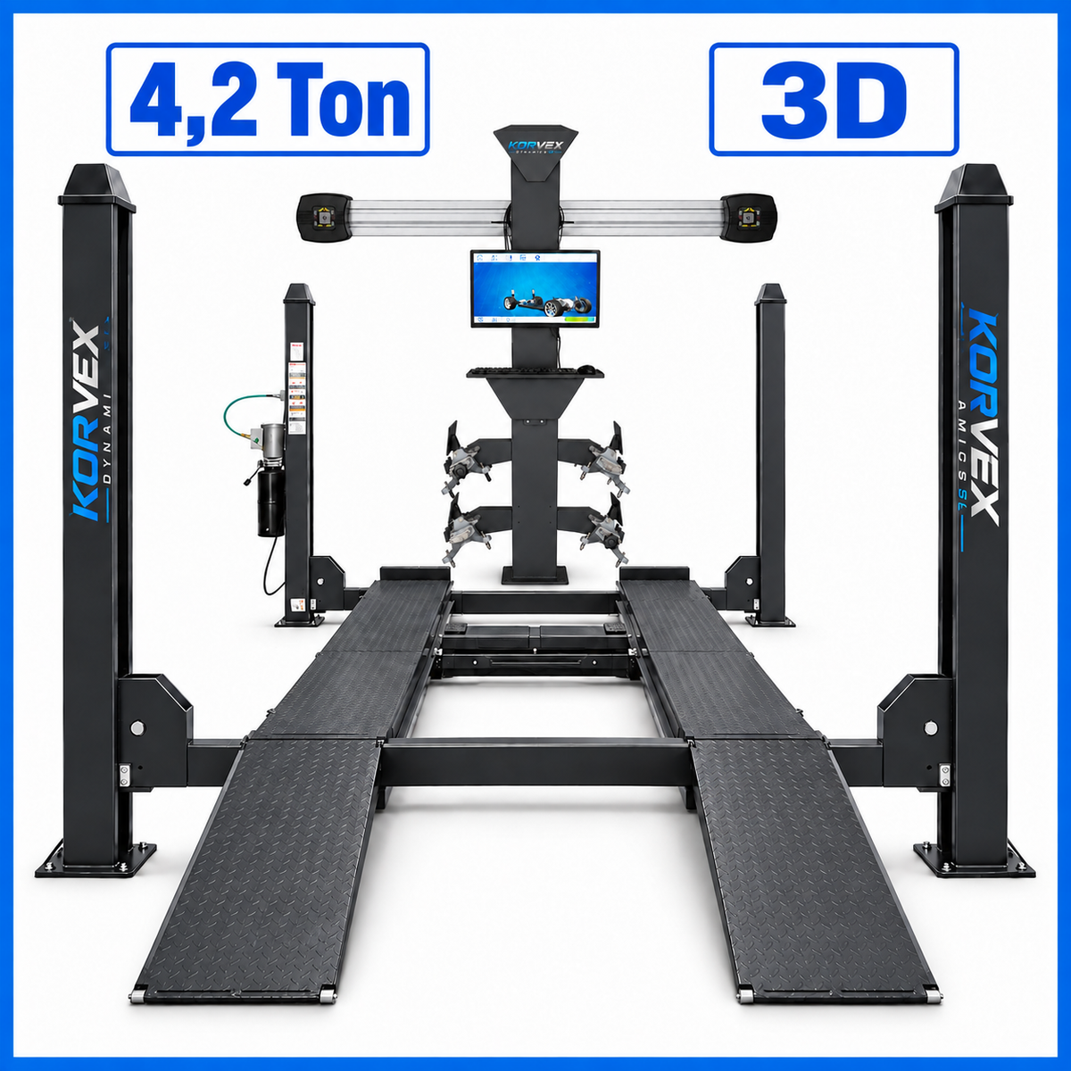 Lote Power – Elevador 4 columnas 4,2T con gato central + Alineadora 3D semiautomática