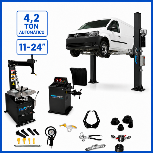 Lote Kronos – Elevador automático 4,2 T + Desmontadora y Equilibradora 11–24”