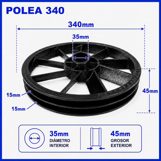 Polea Doble 340 mm para Compresor de Aire | Volante de Transmisión