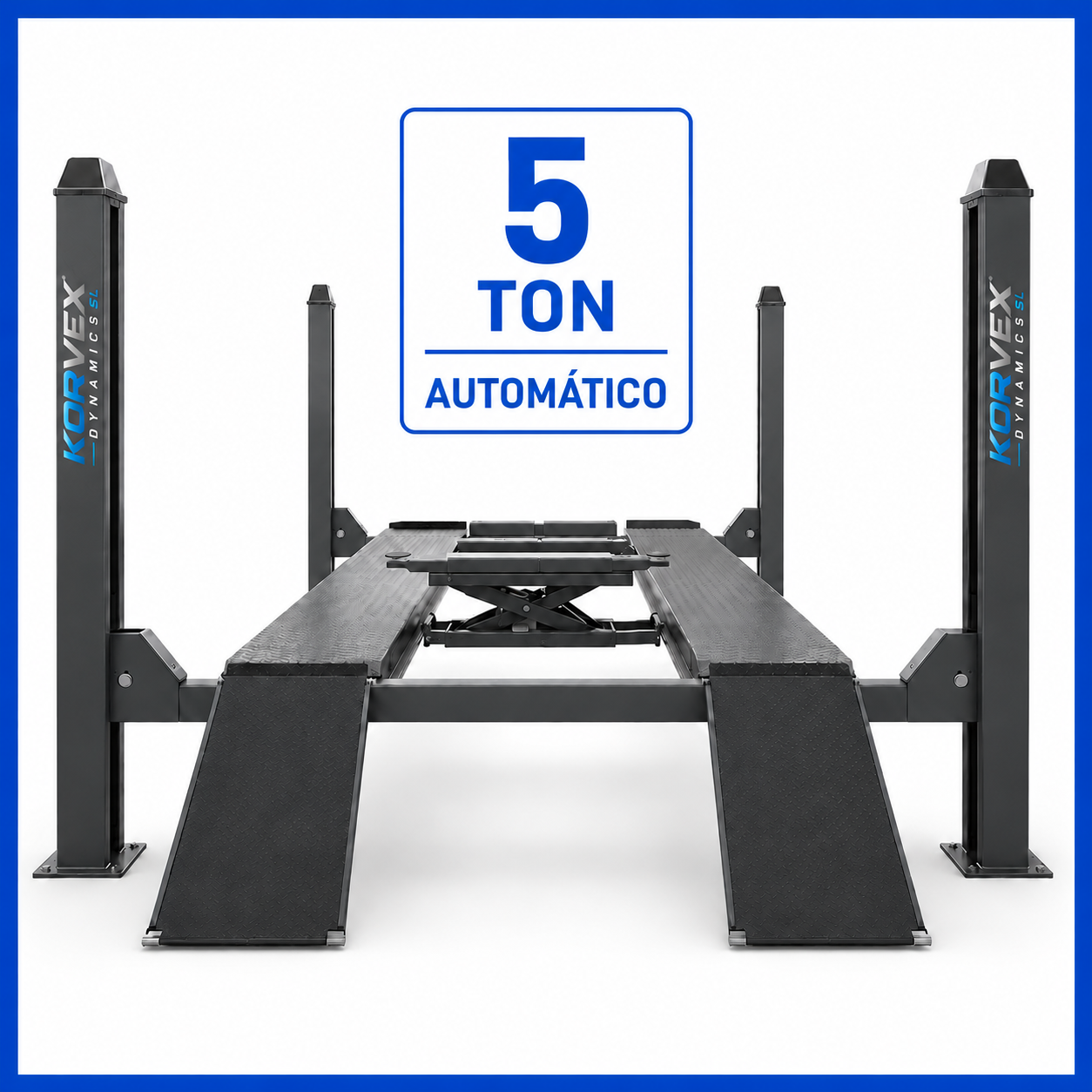 Elevador 4 columnas alineación 5000 kg monofásico con gato central incluido
