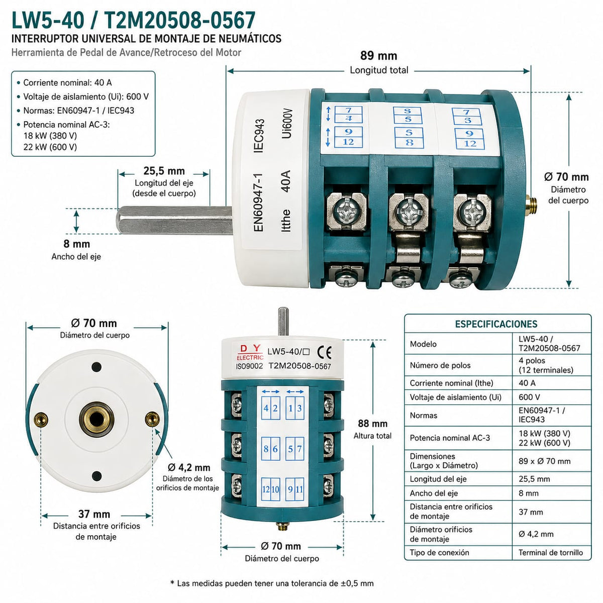 Interruptor Switch LW5-40 40A Avance y Retroceso para Desmontadora de Neumáticos