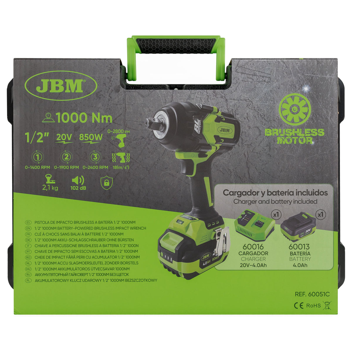 Pistola de Impacto Brushless a Batería 1/2" 1000 Nm 20V con Maletín + 12 Vasos de Regalo