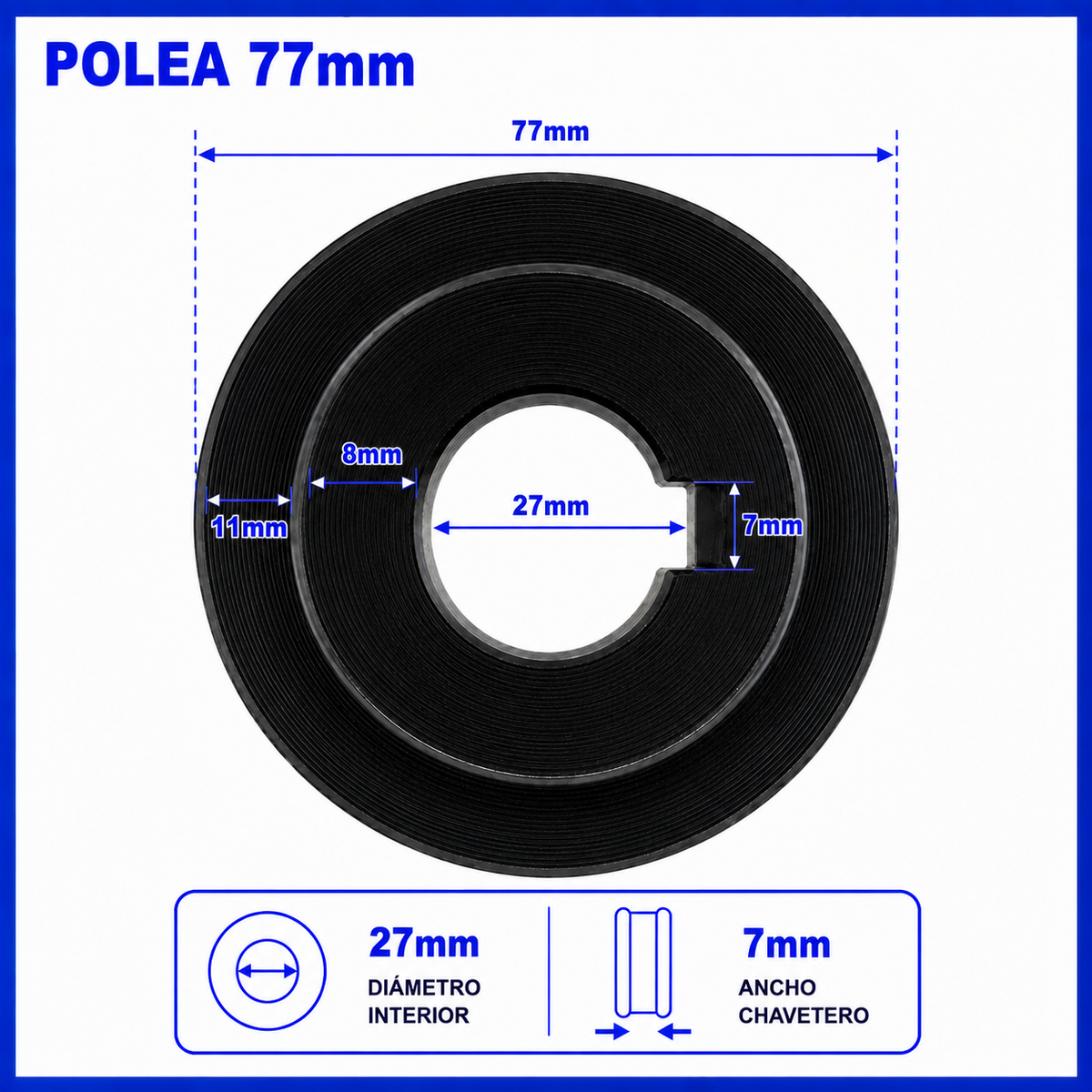 Polea Simple 77 mm para Motor de Compresor | Eje 27 mm