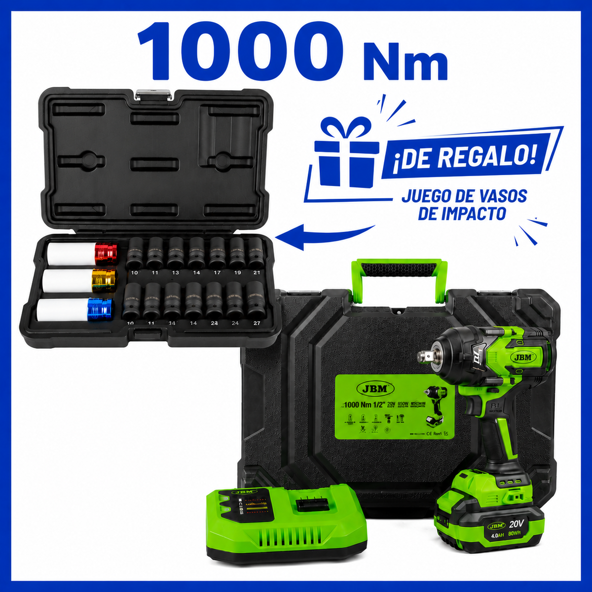Pistola de Impacto Brushless a Batería 1/2" 1000 Nm 20V con Maletín + 12 Vasos de Regalo