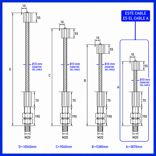 Cable de Acero A para Elevador de 4 Columnas | Ø10 mm – 3870 mm